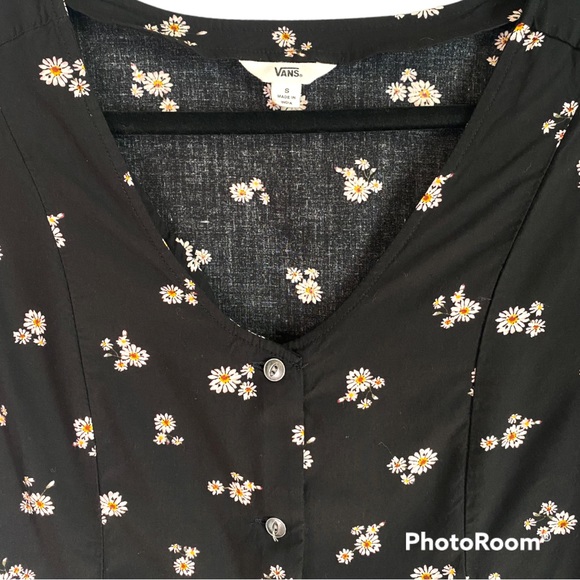 Vans | small black button up v-neck short sleeve floral print dress - Picture 2 of 5